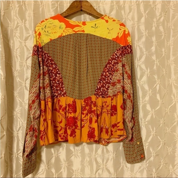 Free People Aloha State of Mind Patchwork Top Flower Detail Drapey Orange Yellow - Picture 3 of 14